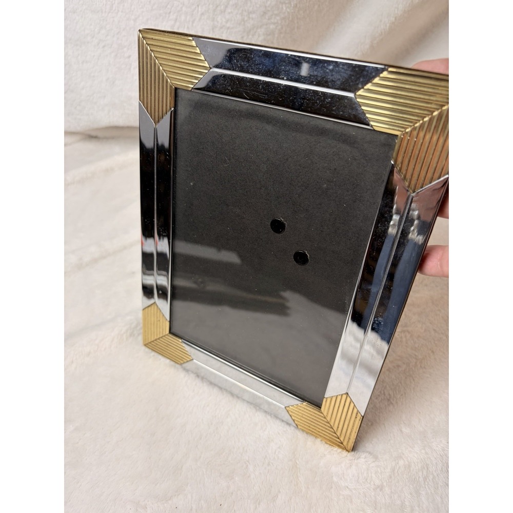 Vintage 80s Mixed Metal Art Deco 5x7 Picture Frame Chrome & Ribbed Brass EUC